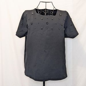 J Crew Jeweled Dolman Short Sleeve Black Top size L